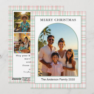 Christmas Modern Dusty Rose Sage Plaid 5 Photo Arc Holiday Card