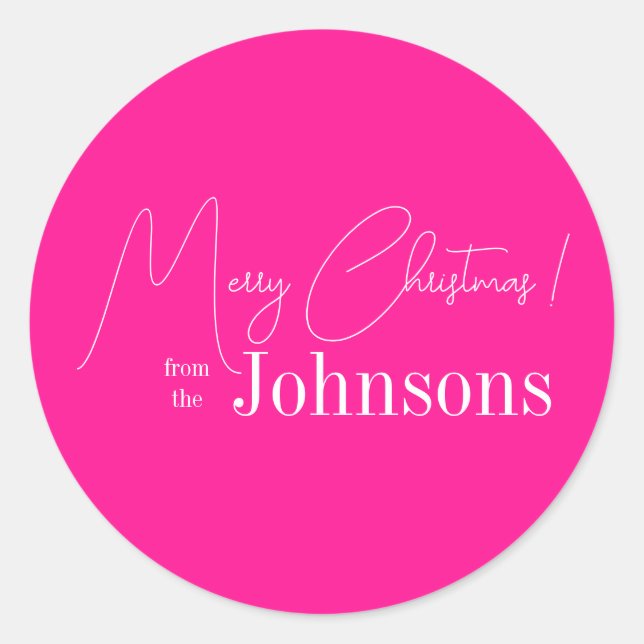Christmas Modern Family Hot Pink Classic Round Sticker (Front)
