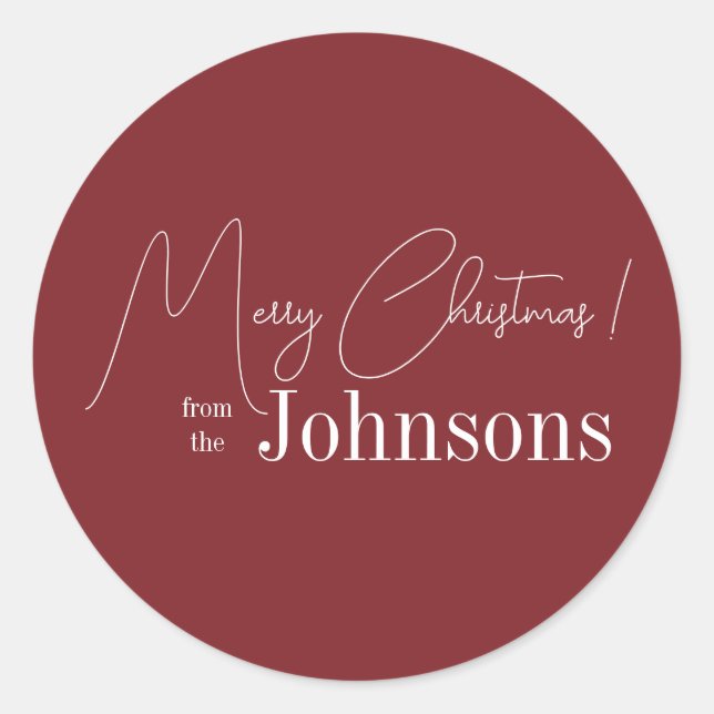Christmas Modern Family Name Maroon Classic Round Sticker (Front)