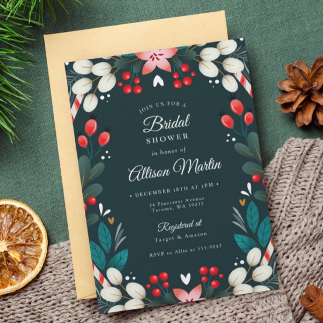 Christmas Modern Floral Teal Red Bridal Shower Invitation (Creator Uploaded)