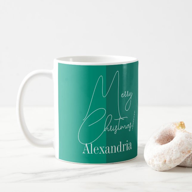 Christmas Modern Green Stripe Personalised Coffee Mug (With Donut)
