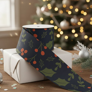 Christmas Modern Holiday Foliage Holly Greenery Satin Ribbon