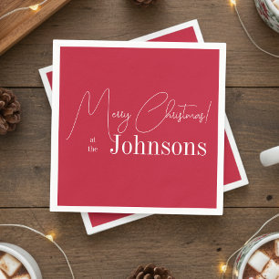Christmas Modern Merry Christmas Family Name Red Napkin