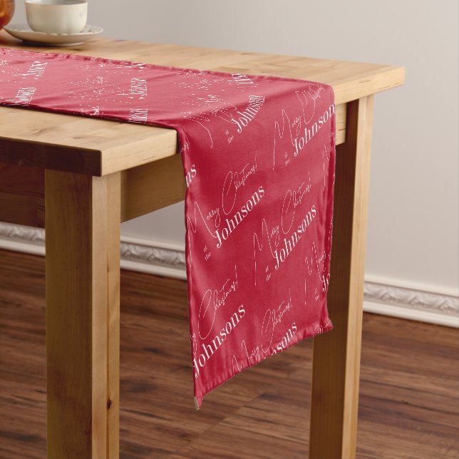 Christmas Modern Merry Christmas Family Name Red Short Table Runner (In Situ)