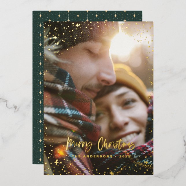 Christmas modern minimal photo green star foil hol holiday card (Front/Back)