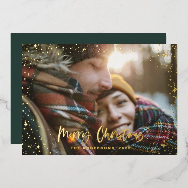 Christmas modern minimal photo green star foil holiday card (Front/Back)