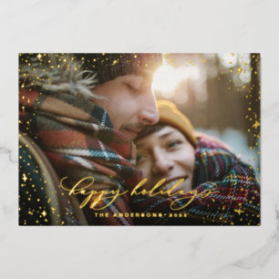 Christmas modern minimal photo script star black foil holiday card