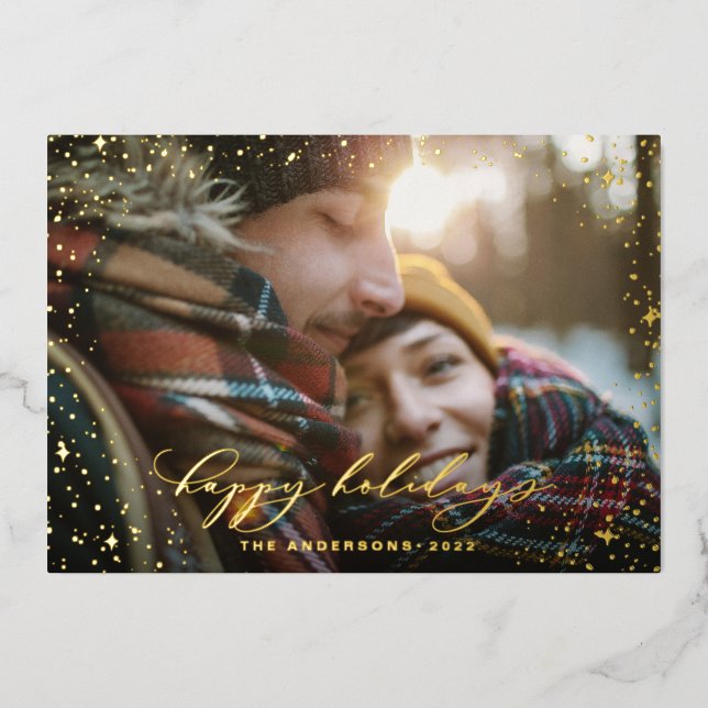 Christmas modern minimal photo script star black foil holiday card (Front)