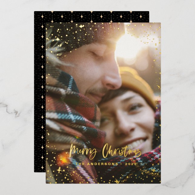 Christmas modern minimal photo star  foil holiday card (Front/Back)