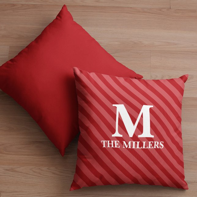 Christmas Modern Monogram Cute Red Striped Festive Cushion (Simple whimsical red striped monogram and name throw pillow)