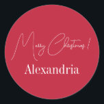 Christmas Modern Personalised Red Merry Christmas Classic Round Sticker<br><div class="desc">This is a modern, Merry Christmas design. It is in festive red and white and has the message, "Merry Christmas!" and the name "Alexandria". Ideal for sticking on, cards, Christmas gift wrap, mailing accessories. envelope seals, party favour seals and people! To personalise, simply add your name in the personalise this...</div>
