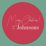 Christmas Modern Red Family Classic Round Sticker<br><div class="desc">This is a modern, Merry Christmas design. It is in festive red and white and has the message, "Merry Christmas! from the Johnsons". Ideal for your Christmas gift wrap, mailing accessories. envelope seals, and party favour seals this festive season. To personalise, simply add your name in the personalise this text...</div>