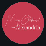 Christmas Modern Red Merry Christmas From Name Classic Round Sticker<br><div class="desc">This is a modern, Merry Christmas design. It is in festive red and white and has the message, "Merry Christmas! from Alexandria". Ideal for your cards, Christmas gift wrap, mailing accessories. envelope seals, and party favour seals this festive season. To personalise, simply add your name in the personalise this text...</div>