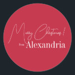 Christmas Modern Red Merry Christmas From Name Classic Round Sticker<br><div class="desc">This is a modern, Merry Christmas design. It is in festive red and white and has the message, "Merry Christmas! from Alexandria". Ideal for your cards, Christmas gift wrap, mailing accessories. envelope seals, and party favour seals this festive season. To personalise, simply add your name in the personalise this text...</div>