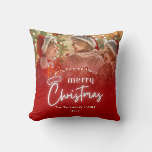 Christmas Modern Red Personalised 2 Family Photos Cushion