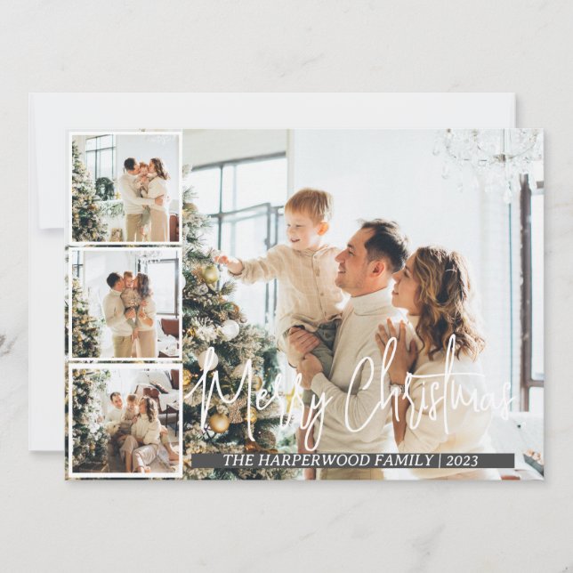  Christmas Modern Script Family Photo Collage Holiday Card (Front)