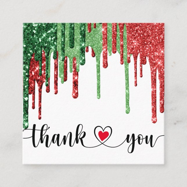 christmas modern script pink heart thank you square business card (Front)