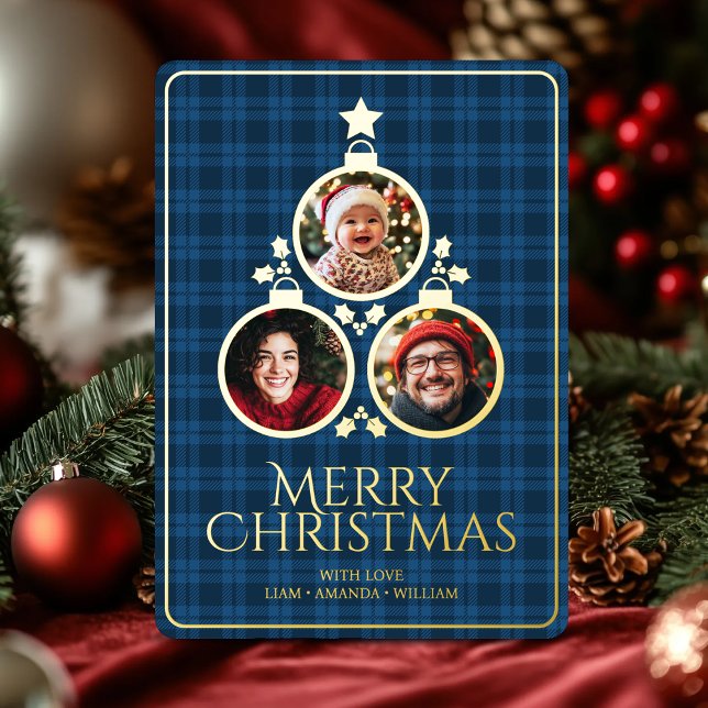 Christmas Modern Tartan Plaids Family Blue Photo Foil Holiday Card (Christmas Modern Tartan Plaids Family Blue Photo Foil Holiday Card)