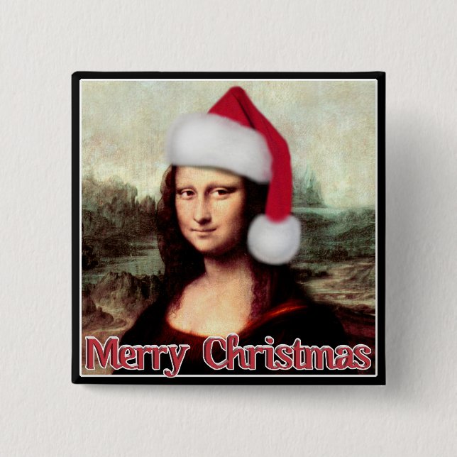 Christmas Mona Lisa With Santa Hat 15 Cm Square Badge (Front)