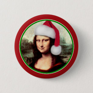 Christmas Mona Lisa With Santa Hat 6 Cm Round Badge