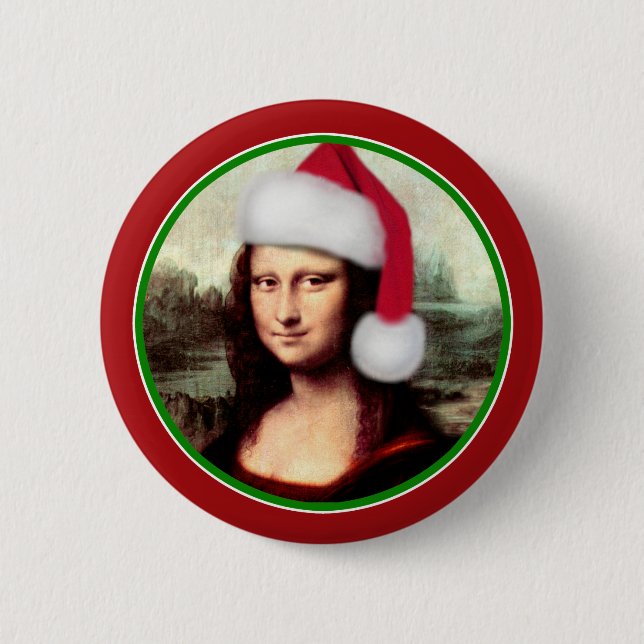 Christmas Mona Lisa With Santa Hat 6 Cm Round Badge (Front)