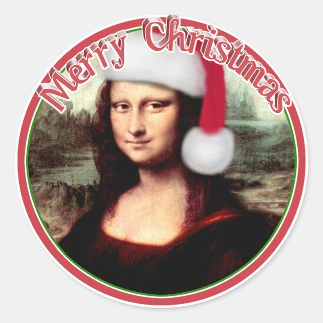 Christmas Mona Lisa With Santa Hat Classic Round Sticker (Front)