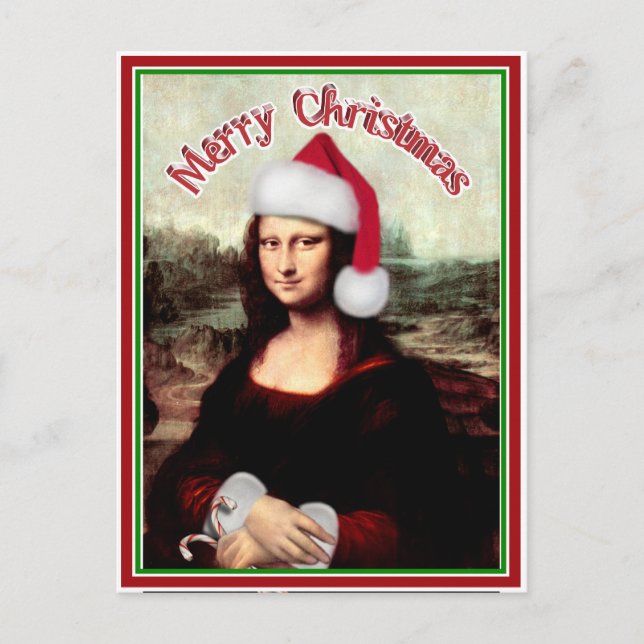 Christmas Mona Lisa With Santa Hat Holiday Postcard (Front)