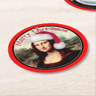 Christmas Mona Lisa With Santa Hat Round Paper Coaster
