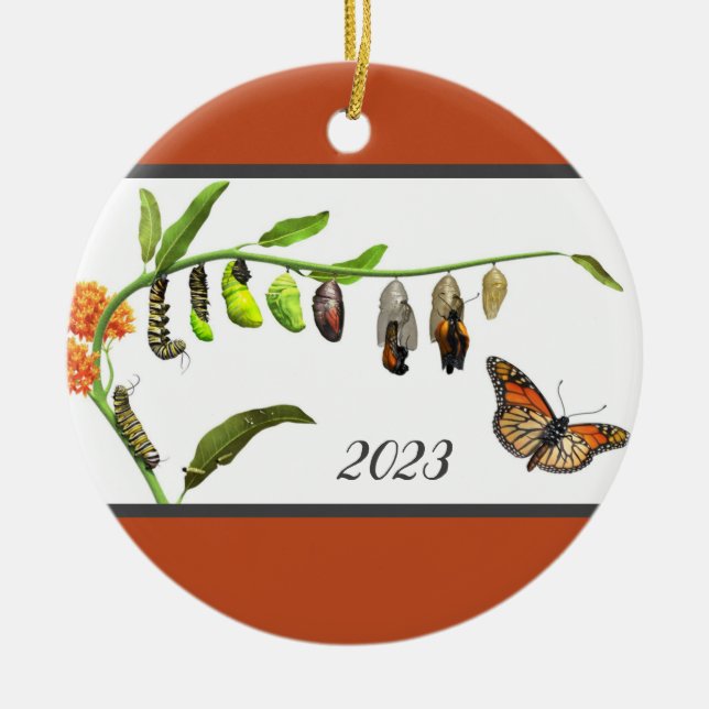 Christmas Monarch butterfly lifecycle Ceramic Tree Decoration (Front)