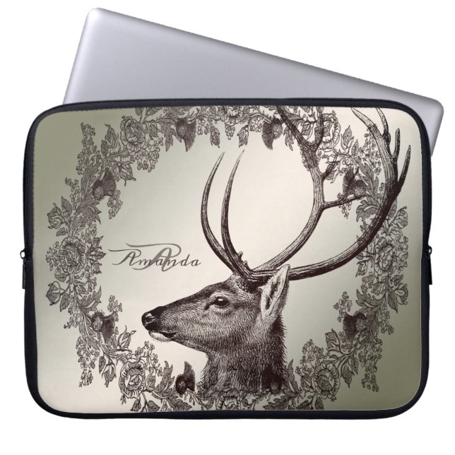Christmas Monogram Floral Reindeer Golden Winter Laptop Sleeve (Front)