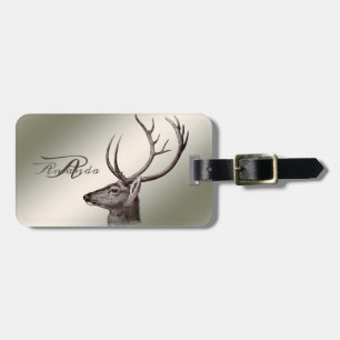 Christmas Monogram Floral Reindeer Golden Winter Luggage Tag