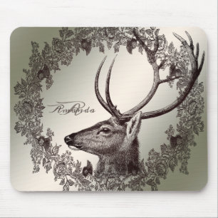 Christmas Monogram Floral Reindeer Golden Winter Mouse Mat