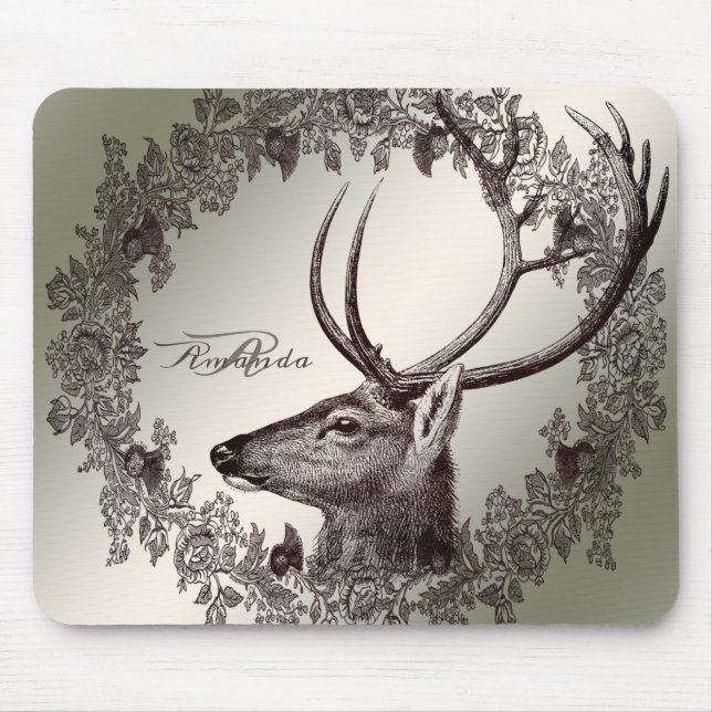 Christmas Monogram Floral Reindeer Golden Winter Mouse Mat (Front)