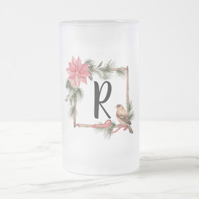 Christmas Monogram Frame with Birds and Poinsettia Frosted Glass Beer Mug (Center)