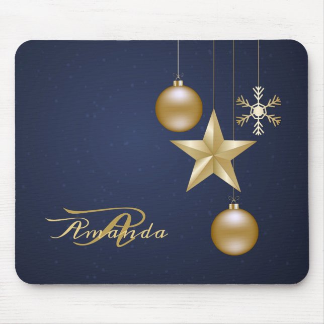 Christmas Monogram Golden Ornaments Navy Blue Mouse Mat (Front)