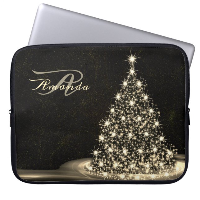 Christmas Monogram Golden Shiny Tree Winter Black Laptop Sleeve (Front)
