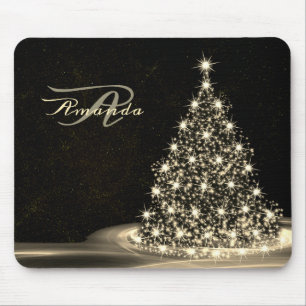 Christmas Monogram Golden Shiny Tree Winter Black Mouse Mat