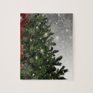 Christmas monogram Green Tree Red Silver Snowflake Jigsaw Puzzle