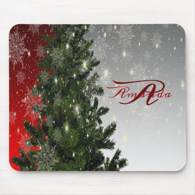 Christmas monogram Green Tree Red Silver Snowflake Mouse Mat (Front)