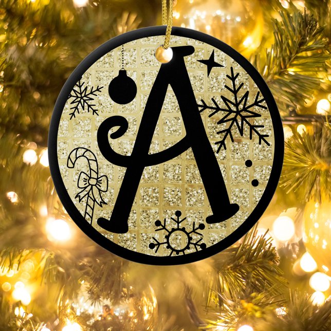 Christmas Monogram Letter A Black Gold Glitter Ceramic Tree Decoration (Creator Uploaded)