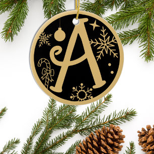 Christmas Monogram Letter A Gold Black Ceramic Tree Decoration