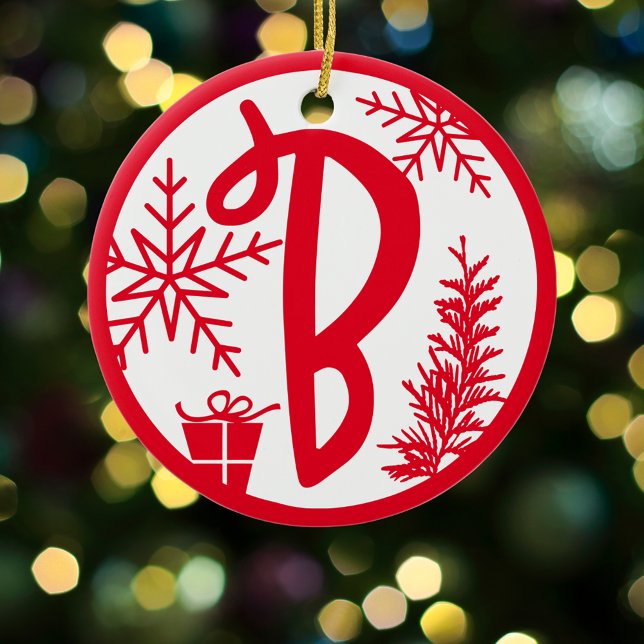 Christmas Monogram Letter B Red White Ceramic Tree Decoration (Creator Uploaded)