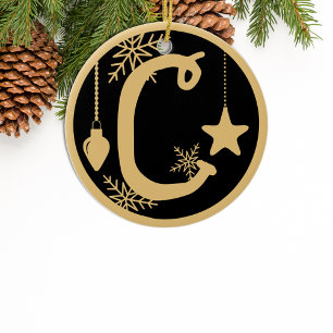 Christmas Monogram Letter C Gold Black Ceramic Tree Decoration