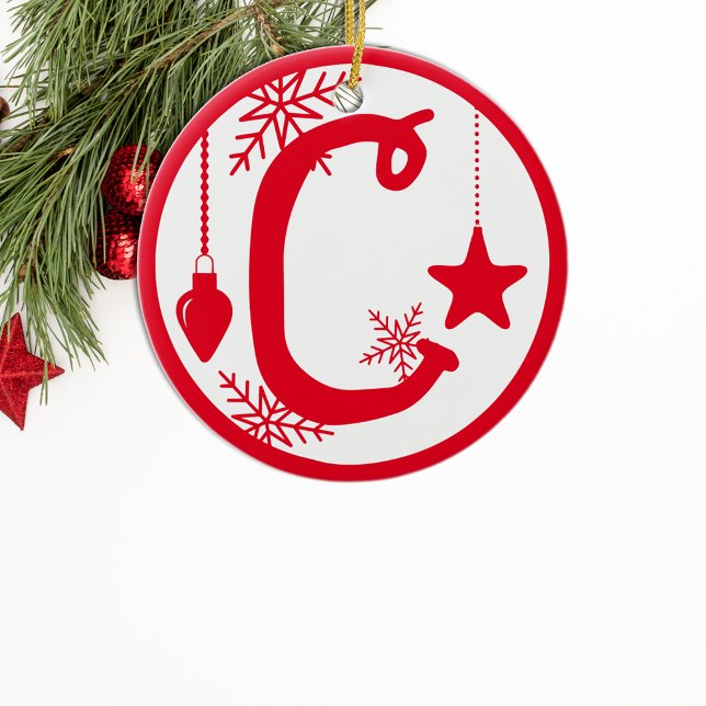 Christmas Monogram Letter C Red White Ceramic Tree Decoration (Creator Uploaded)