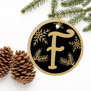 Christmas Monogram Letter F Gold Black Ceramic Tree Decoration