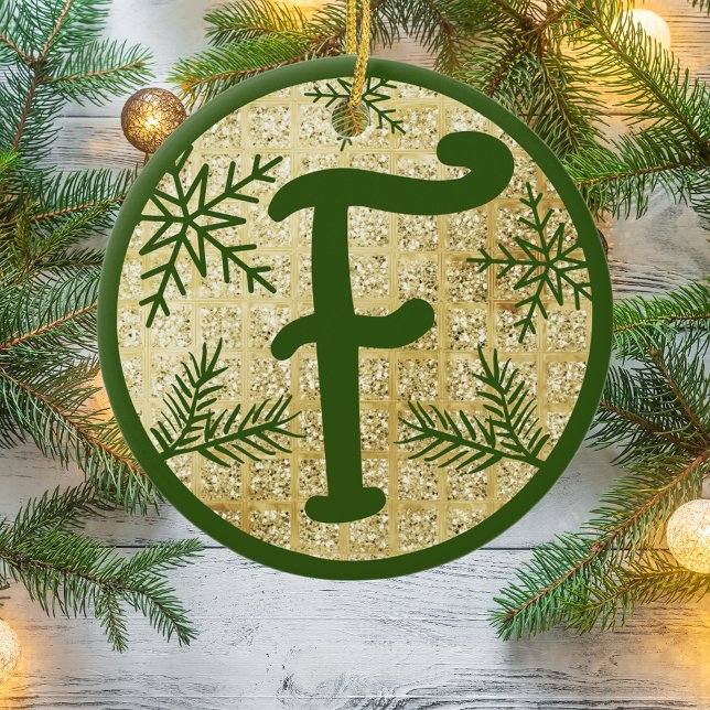 Christmas Monogram Letter F Green Gold Glitter Ceramic Tree Decoration (Creator Uploaded)