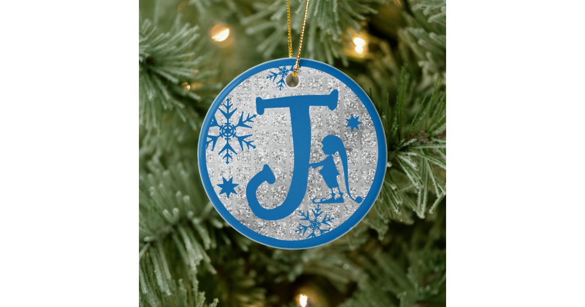 Christmas Monogram Letter J Blue Silver Glitter Christmas Ornament