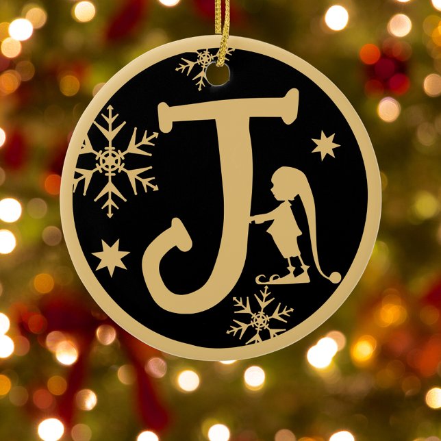 Christmas Monogram Letter J Gold Black Ceramic Tree Decoration (Creator Uploaded)