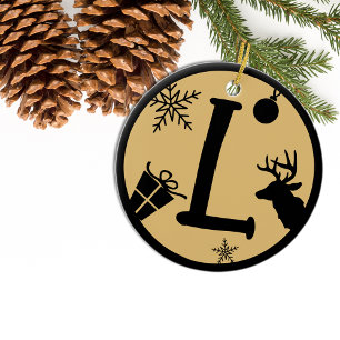 Christmas Monogram Letter L Black Gold Ceramic Tree Decoration
