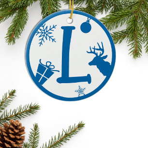 Christmas Monogram Letter L Blue White Ceramic Tree Decoration